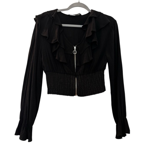 Zara Tops - ZARA black top, Medium,ruffle neck,full zip,ruching at waist.Long sleeves ruffle